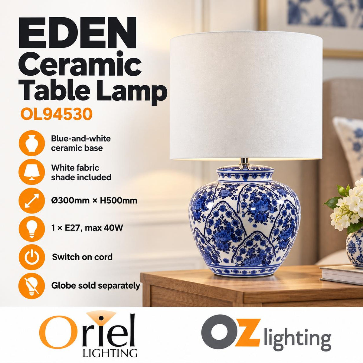 Oriel EDEN Table Lamp - Chinese Ceramic-Oriel Lighting-Ozlighting.com.au