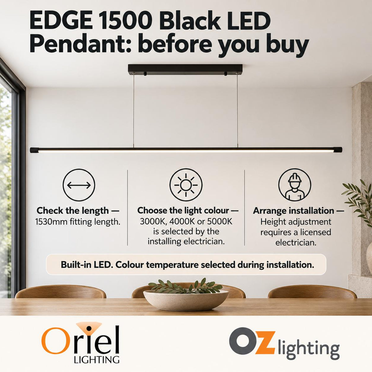 Oriel EDGE LED Pendant - 1 Light Slimiline-Oriel Lighting-Ozlighting.com.au