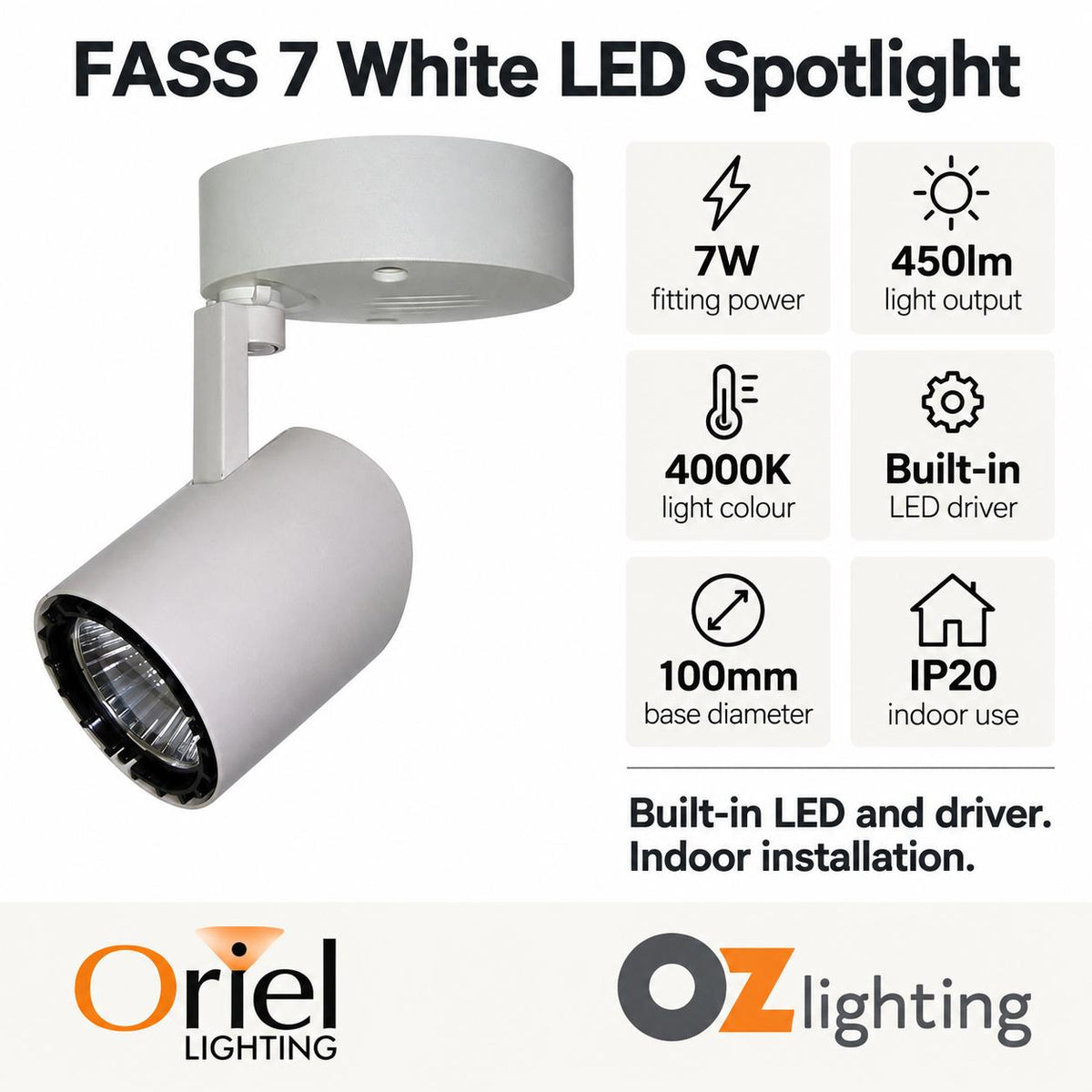 Oriel FASS 7 LED Spotlight - 7W, Surface Mounted, 4000K-Oriel Lighting-Ozlighting.com.au