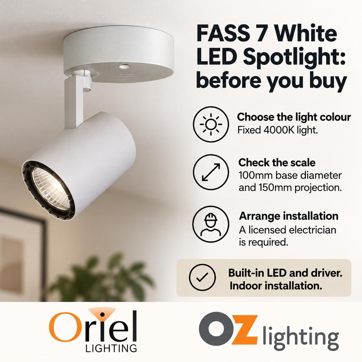 Oriel FASS 7 LED Spotlight - 7W, Surface Mounted, 4000K-Oriel Lighting-Ozlighting.com.au