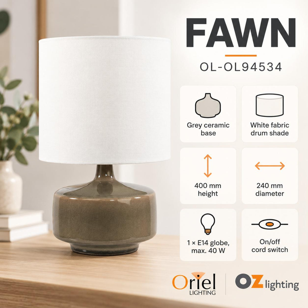 Oriel FAWN Table Lamp - Ceramic-Oriel Lighting-Ozlighting.com.au