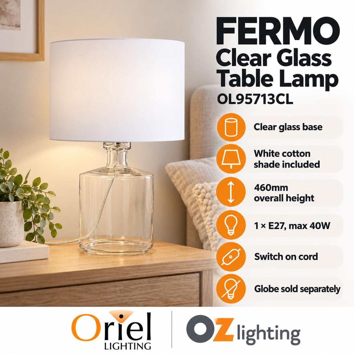 Oriel FERMO Table Lamp - Clear Glass-Oriel Lighting-Ozlighting.com.au
