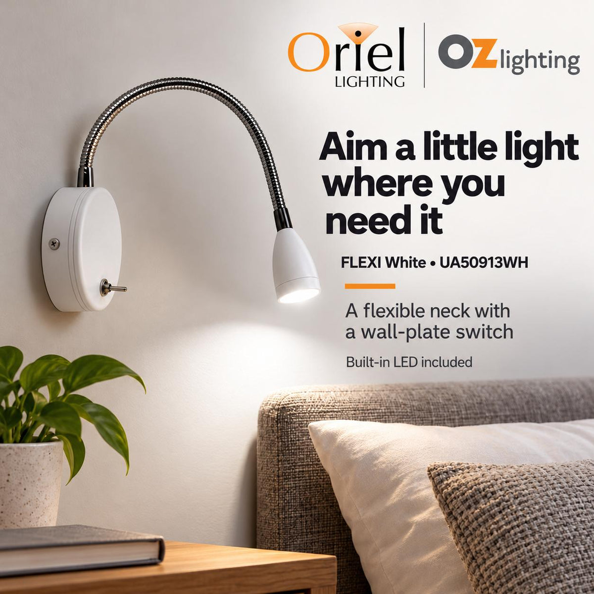 Oriel FLEXI LED Wall Light - 3W, Switched Flexible Interior, 4000K-Oriel Lighting-Ozlighting.com.au