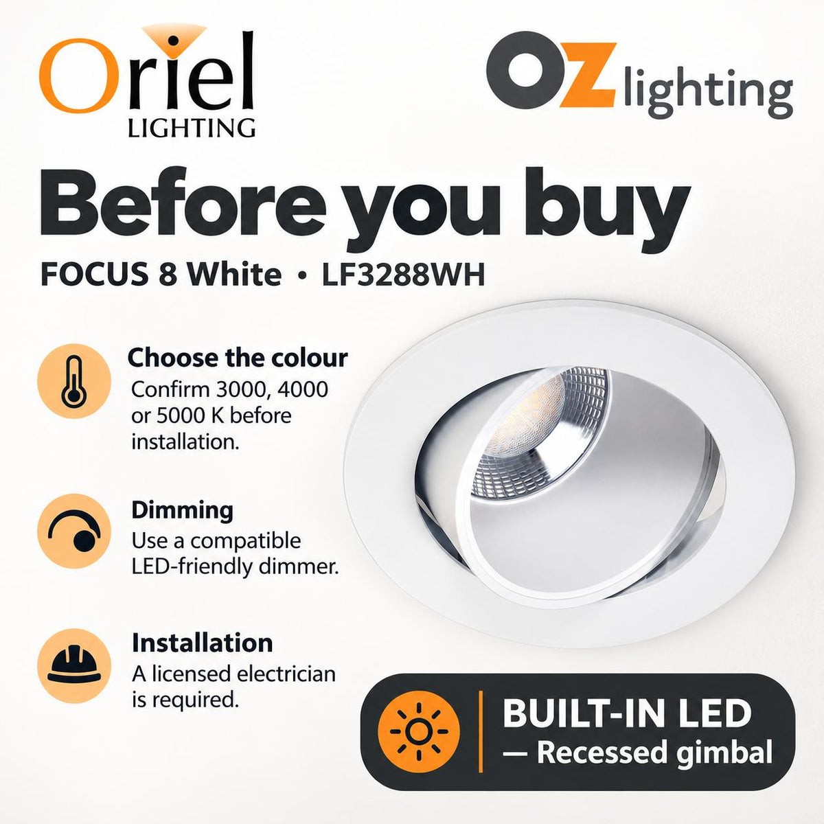 Oriel FOCUS LED Recessed Light - 8W, Gimbal-Oriel Lighting-Ozlighting.com.au