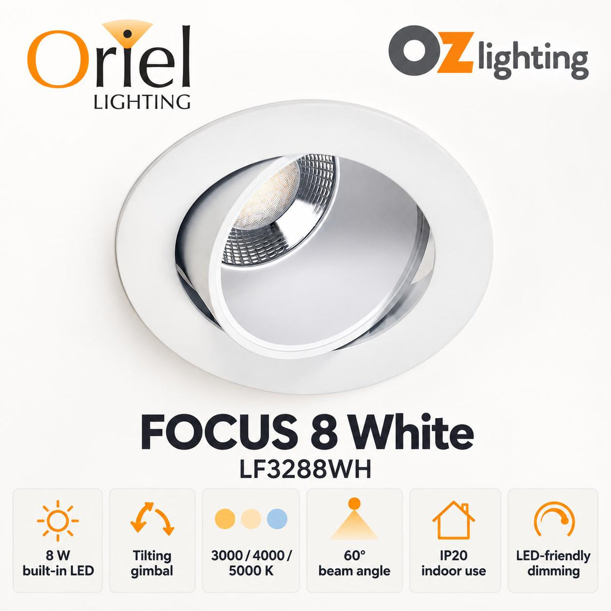 Oriel FOCUS LED Recessed Light - 8W, Gimbal-Oriel Lighting-Ozlighting.com.au