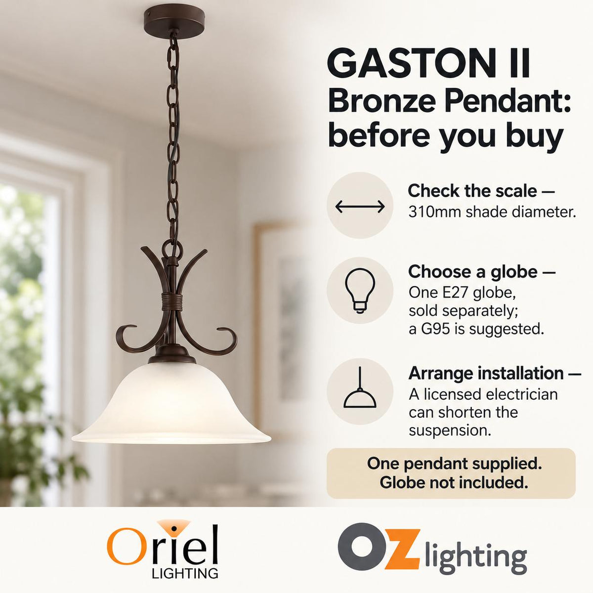 Oriel GASTON II Pendant - 1 Light-Oriel Lighting-Ozlighting.com.au