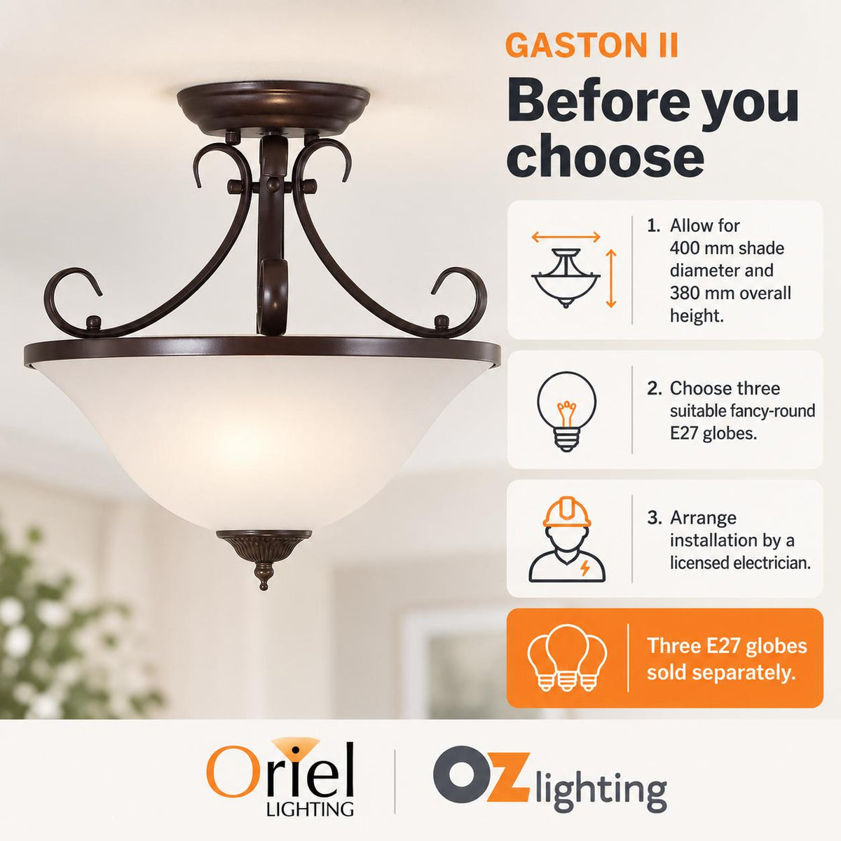 Oriel GASTON II Pendant - 3 Light Semiflush-Oriel Lighting-Ozlighting.com.au