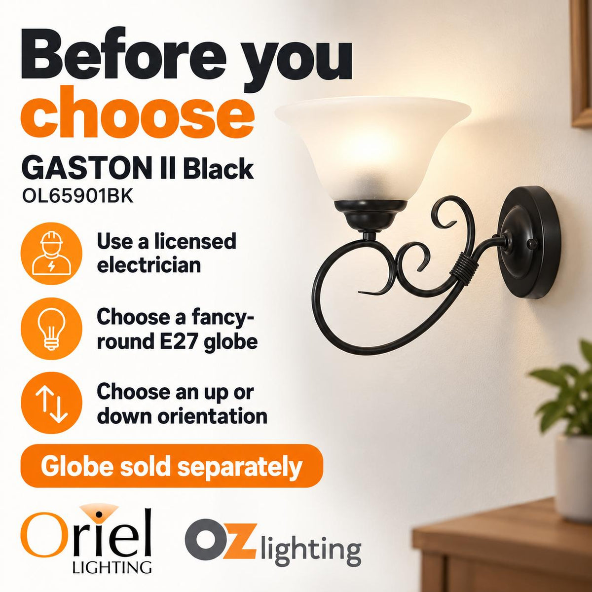 Oriel GASTON II Wall Light - Max. 60W, Traditional-Oriel Lighting-Ozlighting.com.au