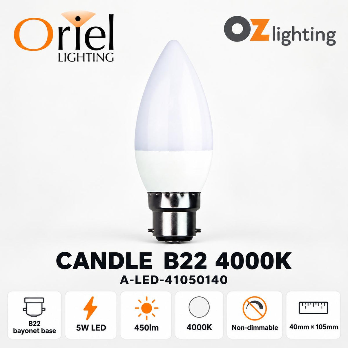 Oriel GLOBE-CANDLE LED Globe - 5W, Non-Dimmable Candle Shape, B15/B22/E14-Oriel Lighting-Ozlighting.com.au