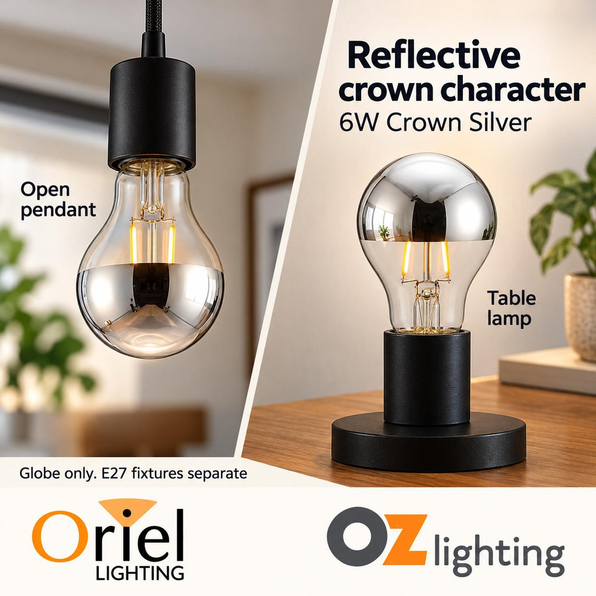 Oriel GLOBE-CROWN LED Globe - 6W, GLS A60 Shape Crown Silver Decorative Glass, 2700K, E27-Oriel Lighting-Ozlighting.com.au
