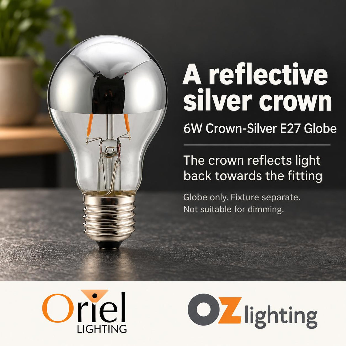 Oriel GLOBE-CROWN LED Globe - 6W, GLS A60 Shape Crown Silver Decorative Glass, 2700K, E27-Oriel Lighting-Ozlighting.com.au