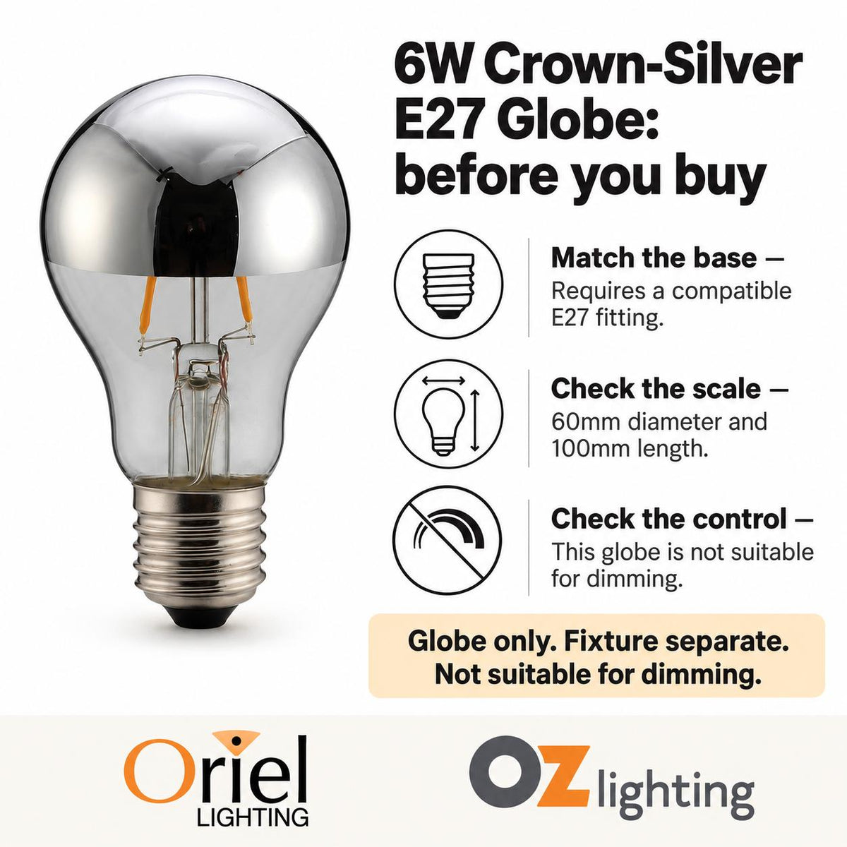 Oriel GLOBE-CROWN LED Globe - 6W, GLS A60 Shape Crown Silver Decorative Glass, 2700K, E27-Oriel Lighting-Ozlighting.com.au