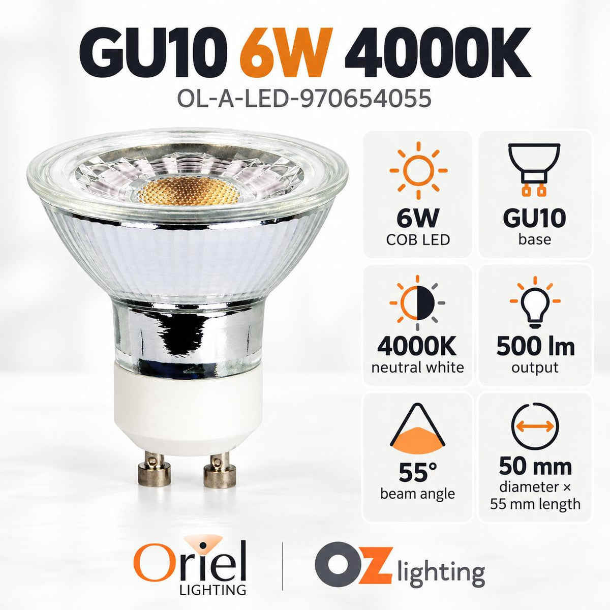 Oriel GLOBE-GU10 LED Globe - 6W, Smart Energy Management GU10 Shape Glass-Oriel Lighting-Ozlighting.com.au