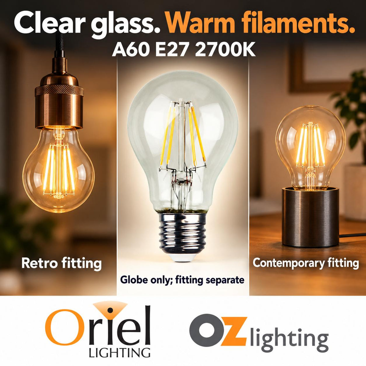 Oriel GLOBE-LF-A60 LED Globe - 4W, Dimmable GLS A60 Shape Filament Clear Glass, 2700K, E27-Oriel Lighting-Ozlighting.com.au