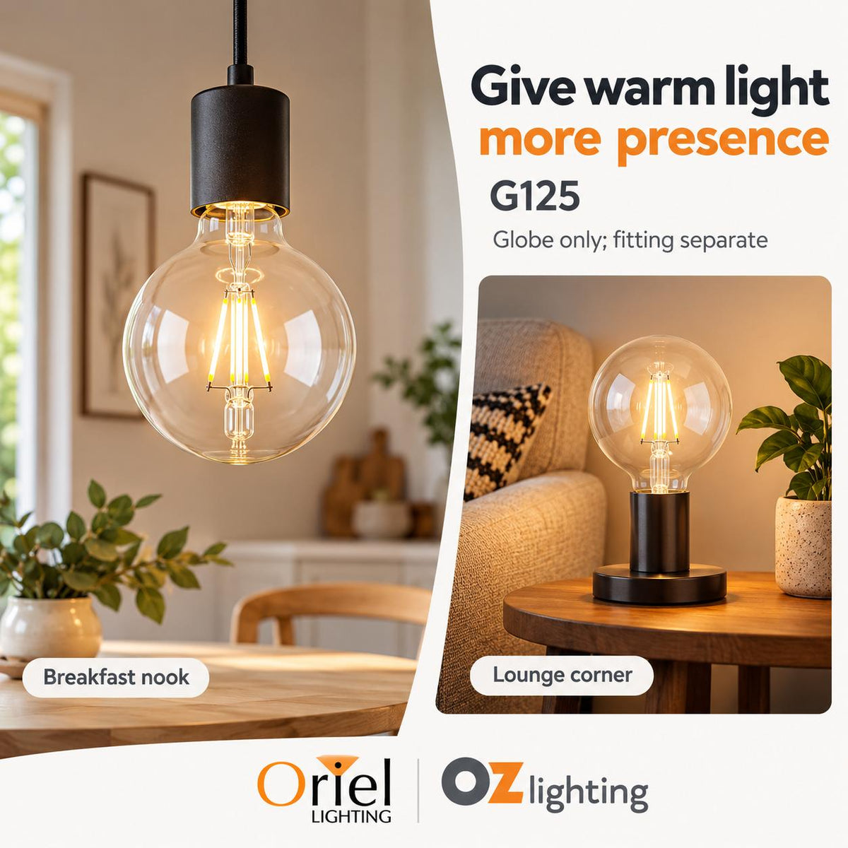 Oriel GLOBE-LF-G125 LED Globe - 4W, Dimmable G125 Spherical Shape Filament Clear Glass, 2700K, E27-Oriel Lighting-Ozlighting.com.au