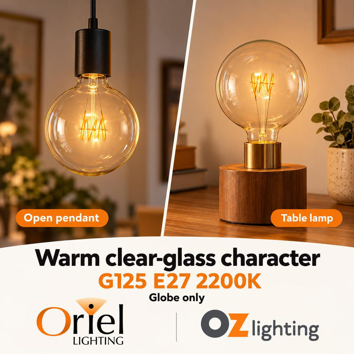 Oriel GLOBE-LF-G125 LED Globe - 5W, Dimmable G125 Spherical Shape Filament Clear Glass, 2200K, E27-Oriel Lighting-Ozlighting.com.au