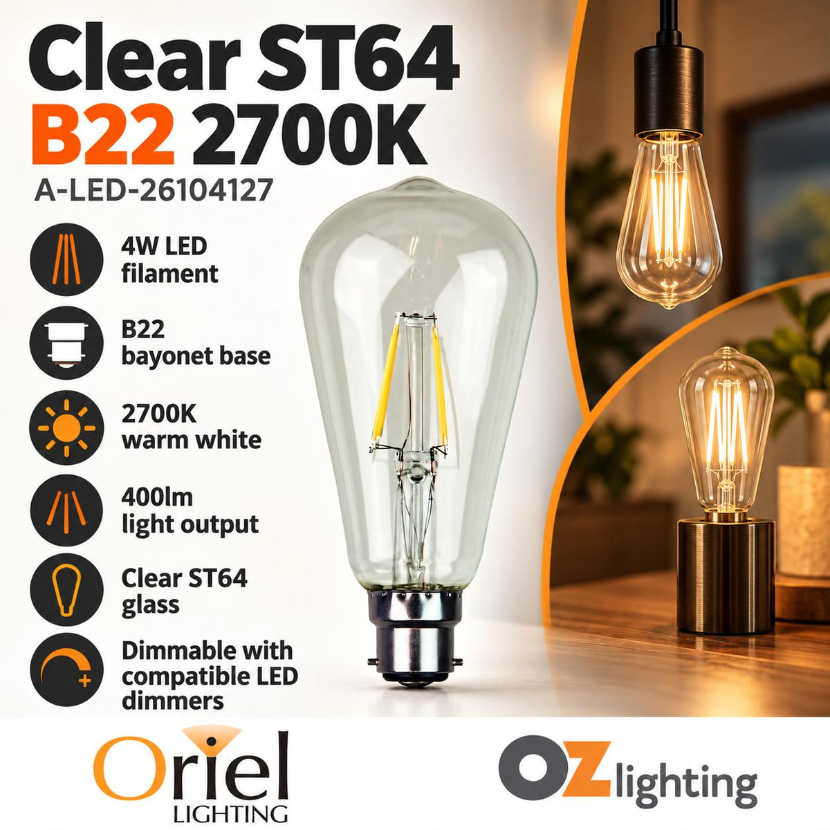 Oriel GLOBE-LF-ST64 LED Globe - 4W, Dimmable Pear ST64 Shape Filament Clear, 2700K, B22/E27-Oriel Lighting-Ozlighting.com.au