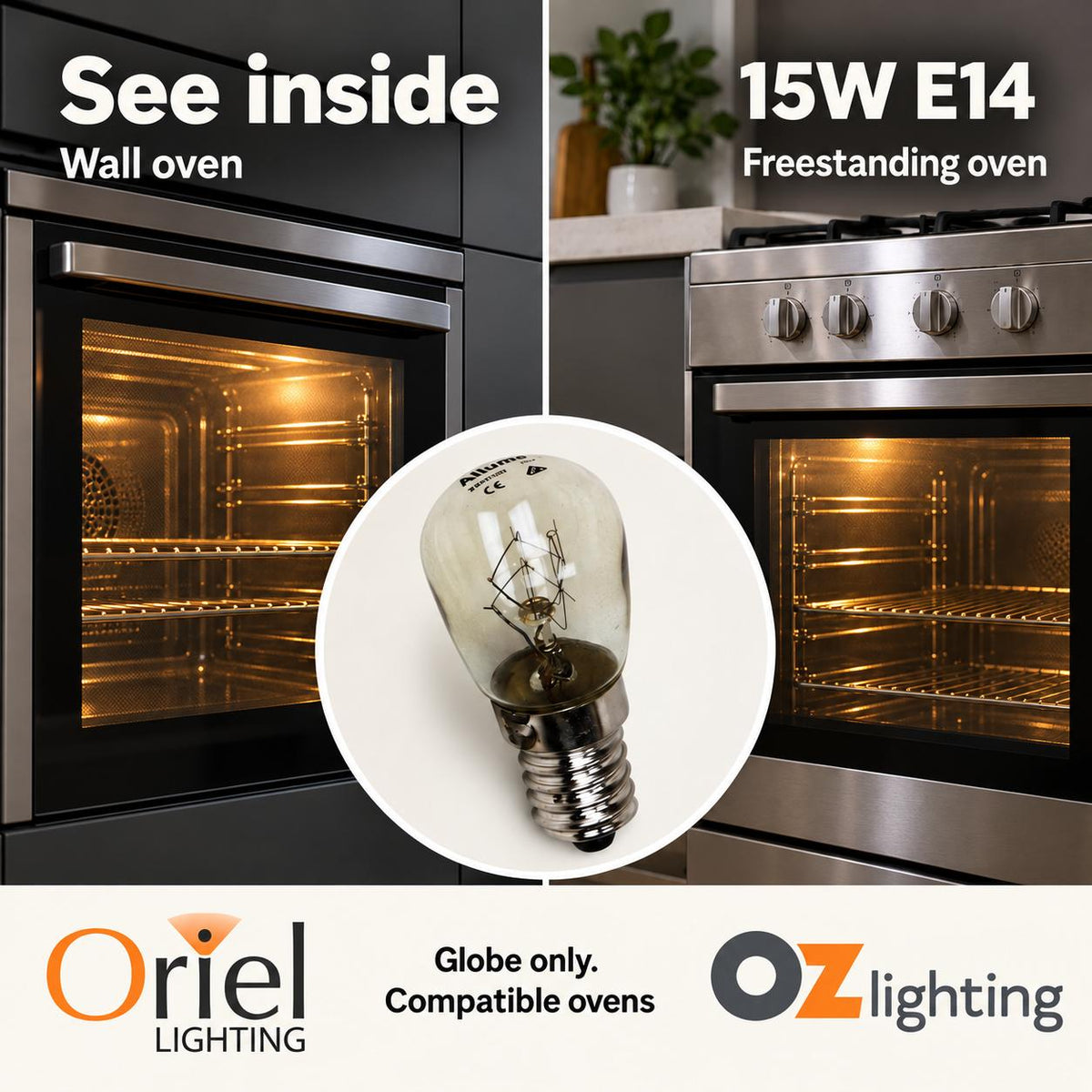 Oriel GLOBE-PILOT-OVEN Globe - 15W, Incandescent Pilot Oven 300° Rated, Clear Globe, E14-Oriel Lighting-Ozlighting.com.au