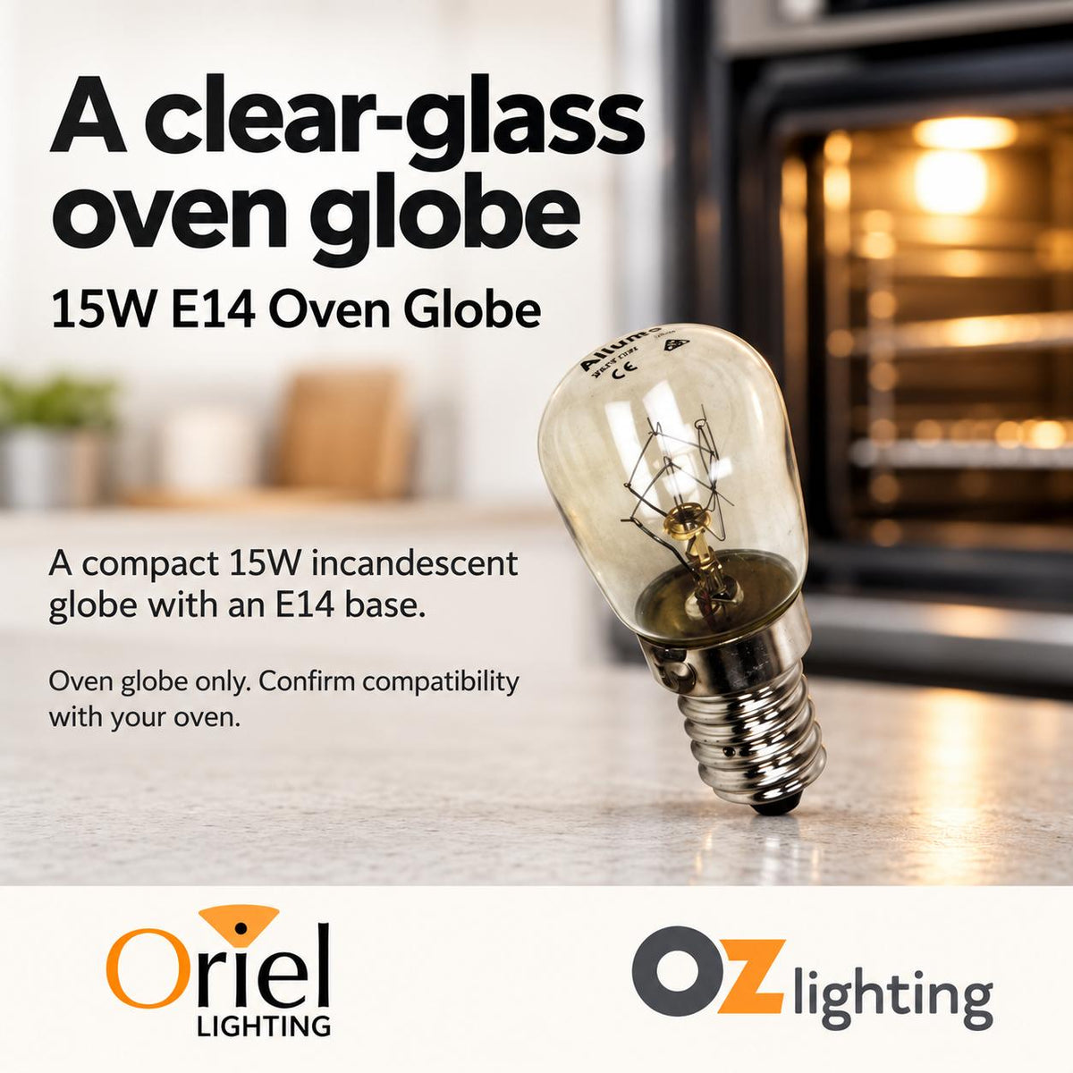 Oriel GLOBE-PILOT-OVEN Globe - 15W, Incandescent Pilot Oven 300° Rated, Clear Globe, E14-Oriel Lighting-Ozlighting.com.au