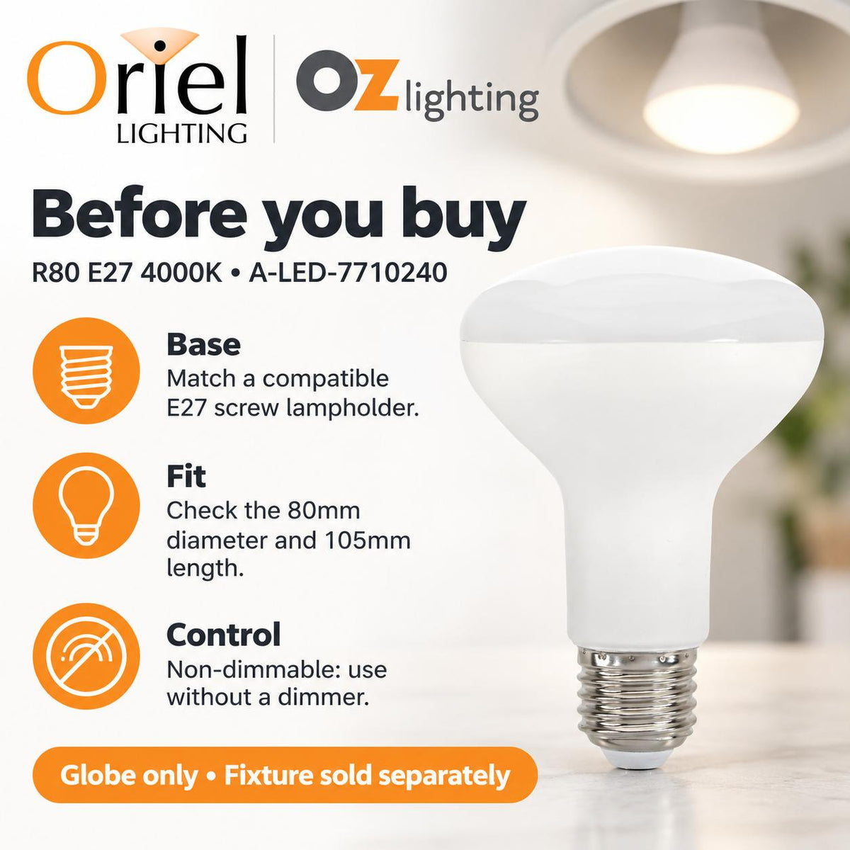 Oriel GLOBE-R80 LED Globe - 10W, R80 Reflector, 4000K, E27-Oriel Lighting-Ozlighting.com.au
