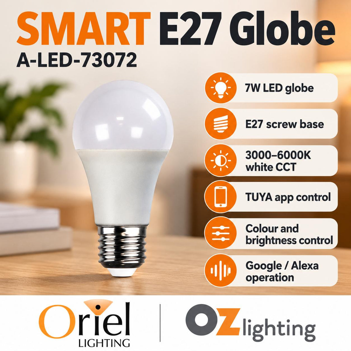 Oriel GLOBE-SMART Globe - 7W, GLS Shape Smart Light, E27-Oriel Lighting-Ozlighting.com.au