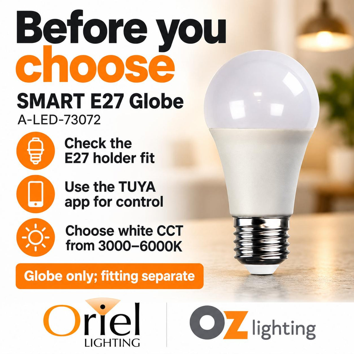 Oriel GLOBE-SMART Globe - 7W, GLS Shape Smart Light, E27-Oriel Lighting-Ozlighting.com.au