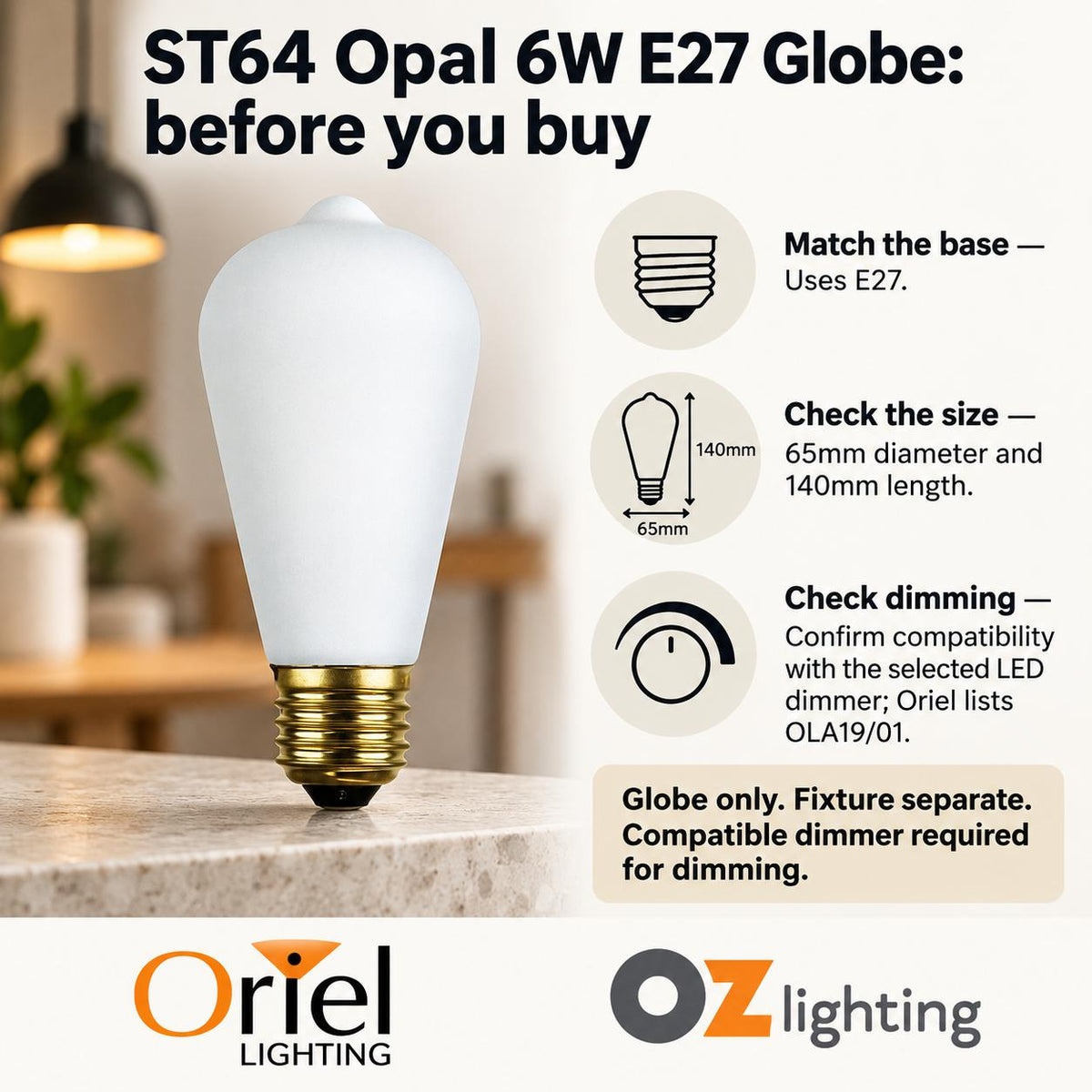 Oriel GLOBE-ST64-OPAL LED Globe - 6W, Dimmable Pear ST64 Shape Filament Opal Matt, 2700K, E27-Oriel Lighting-Ozlighting.com.au