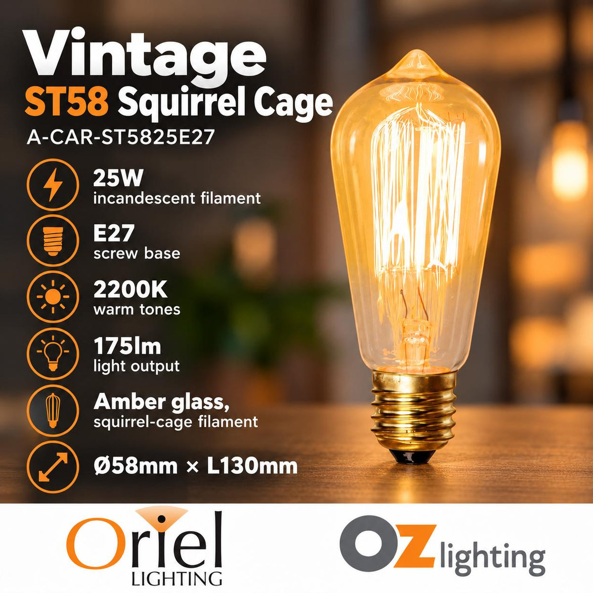 Oriel GLOBE-VINTAGE-ST58 Lamp - 25W, Filament, B22/E14/E27-Oriel Lighting-Ozlighting.com.au