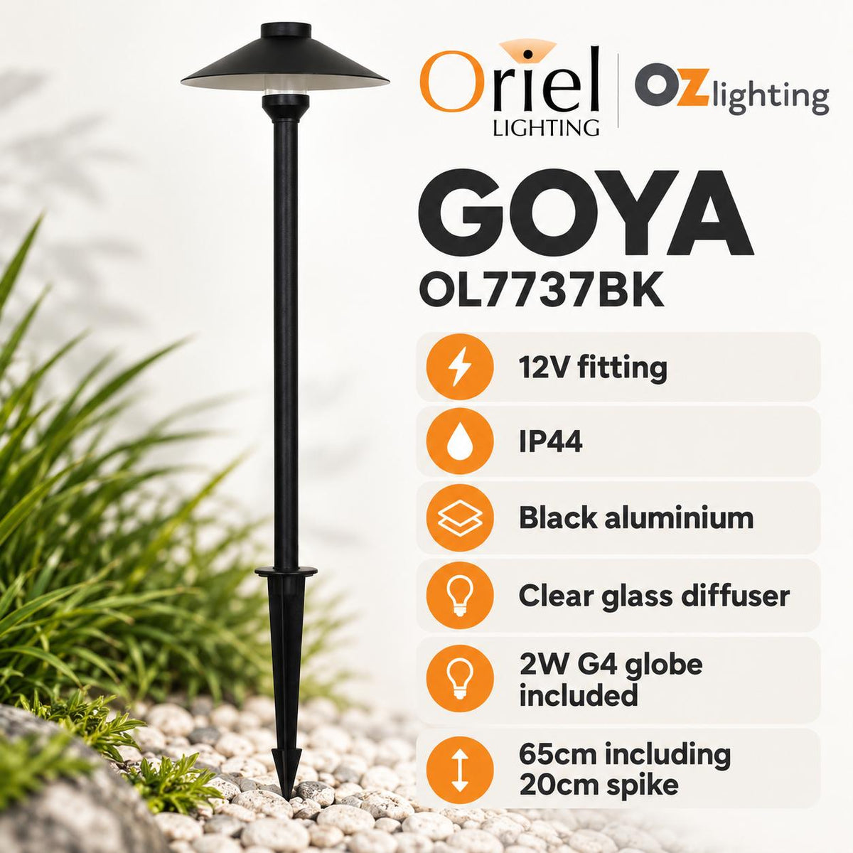 Oriel GOYA Outdoor Spike Light - G4 12V DC Garden Hooded, IP44 - DRIVER REQUIRED-Oriel Lighting-Ozlighting.com.au