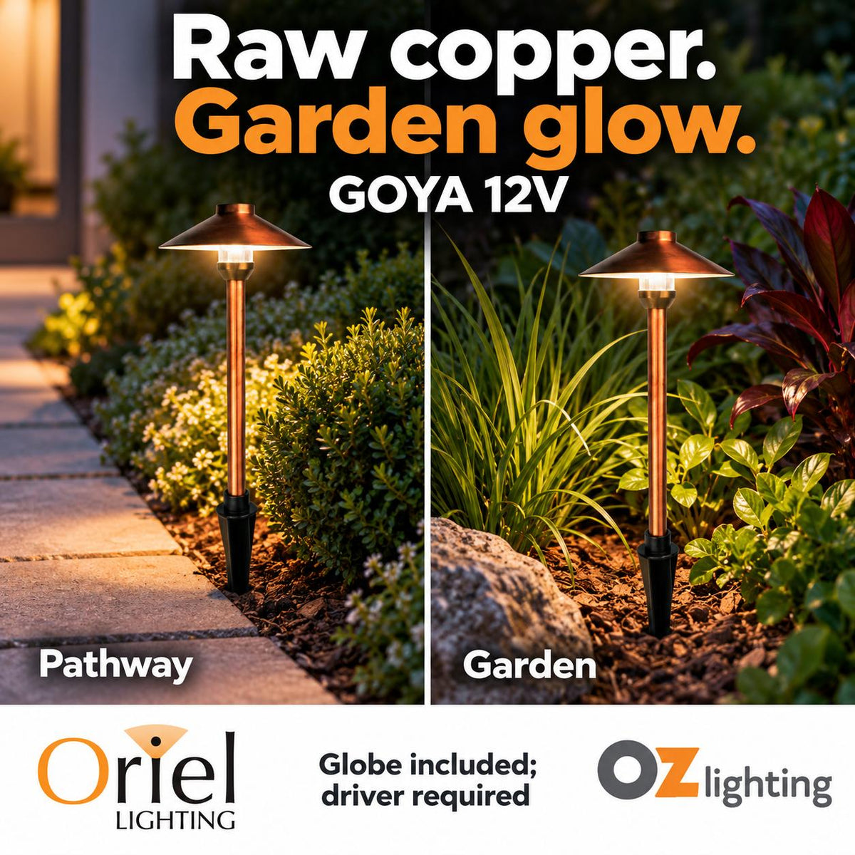 Oriel GOYA Outdoor Spike Light - G4 12V DC Hooded, IP44, Copper - DRIVER REQUIRED-Oriel Lighting-Ozlighting.com.au