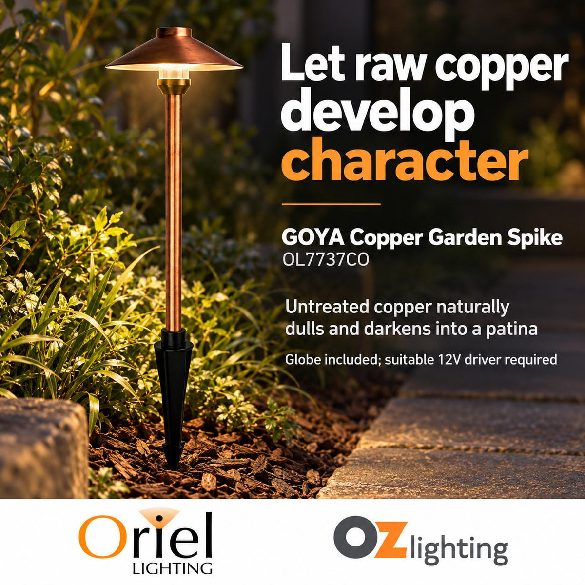 Oriel GOYA Outdoor Spike Light - G4 12V DC Hooded, IP44, Copper - DRIVER REQUIRED-Oriel Lighting-Ozlighting.com.au