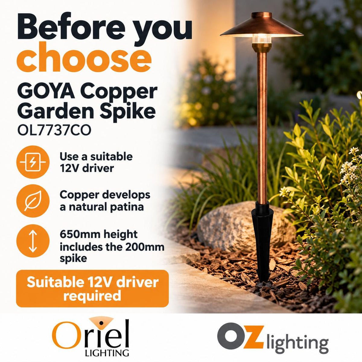 Oriel GOYA Outdoor Spike Light - G4 12V DC Hooded, IP44, Copper - DRIVER REQUIRED-Oriel Lighting-Ozlighting.com.au