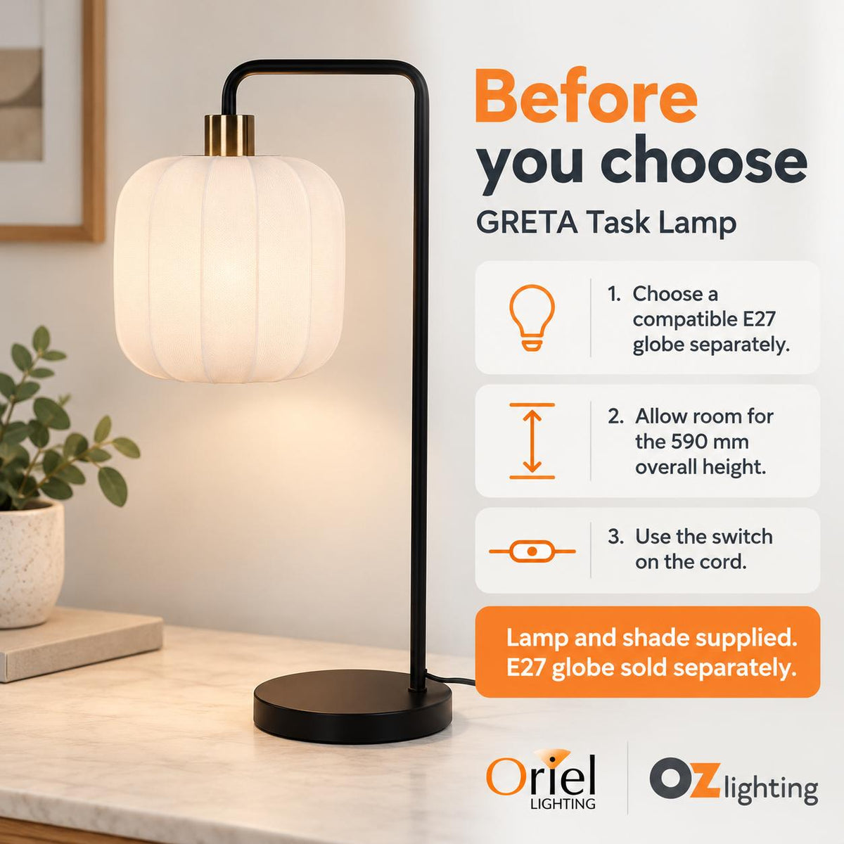 Oriel GRETA Task Lamp - Max. 42W, Decorative-Oriel Lighting-Ozlighting.com.au
