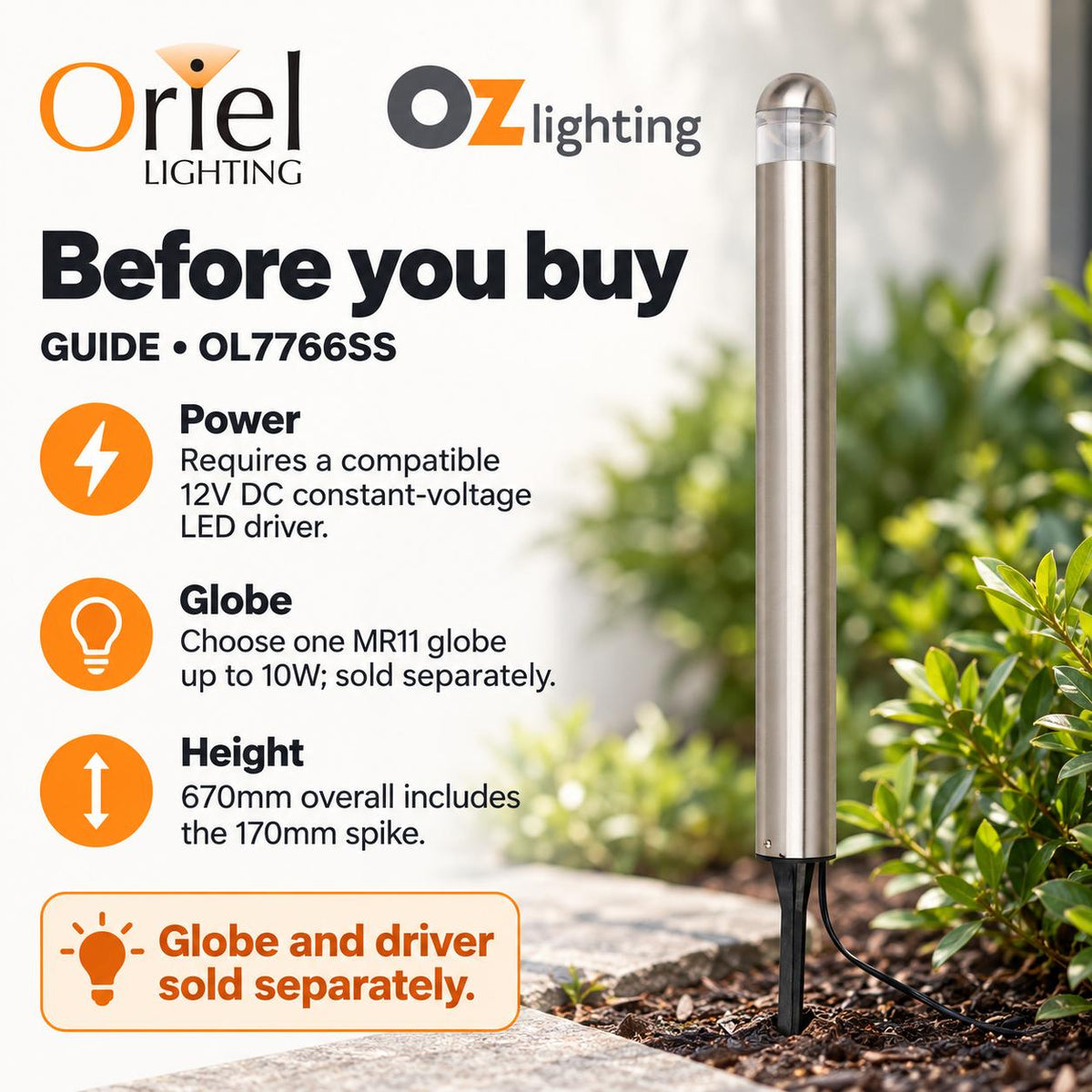Oriel GUIDE Outdoor DIY Spike Light - 12V MR11 IP44, Garden Path - DRIVER REQUIRED-Oriel Lighting-Ozlighting.com.au