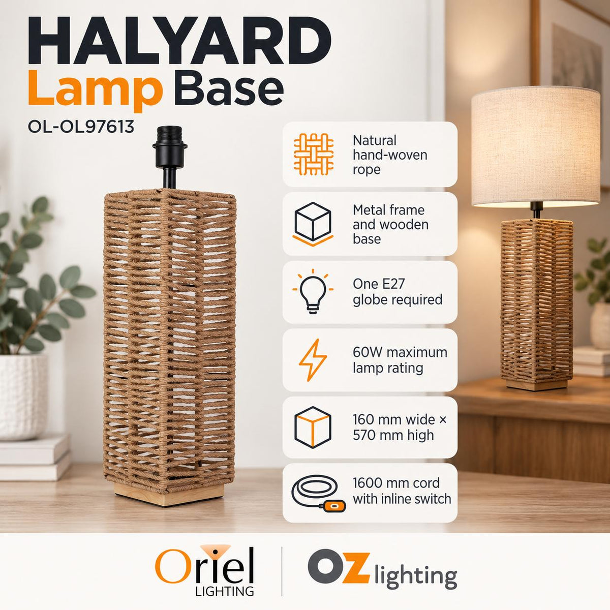 Oriel HALYARD Table Lamp Base Only - Natural Rope-Oriel Lighting-Ozlighting.com.au
