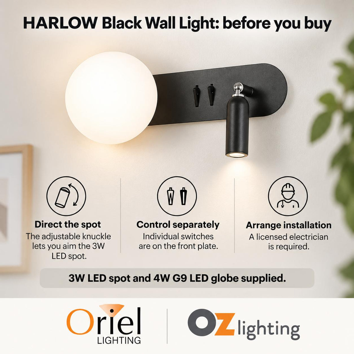 Oriel HARLOW Wall Light - 3W-Oriel Lighting-Ozlighting.com.au