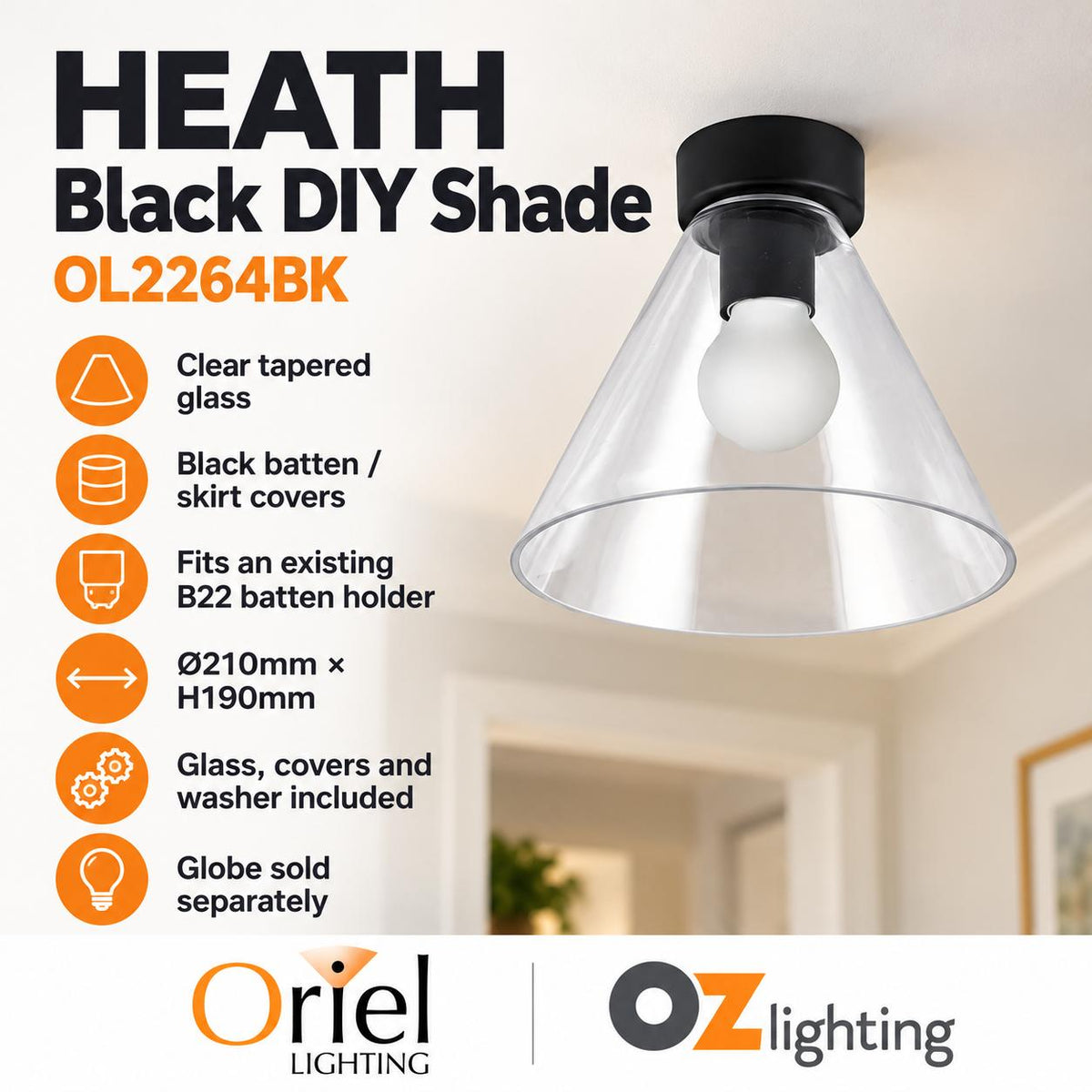 Oriel HEATH DIY Batten-Fix Ceiling Shade - Clear Glass, Fits Existing B22 Holder-Oriel Lighting-Ozlighting.com.au