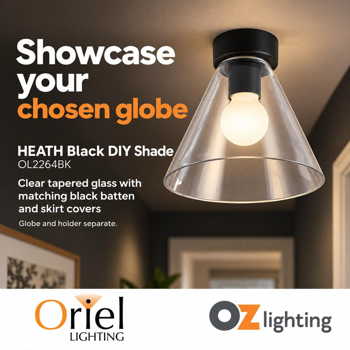 Oriel HEATH DIY Batten-Fix Ceiling Shade - Clear Glass, Fits Existing B22 Holder-Oriel Lighting-Ozlighting.com.au