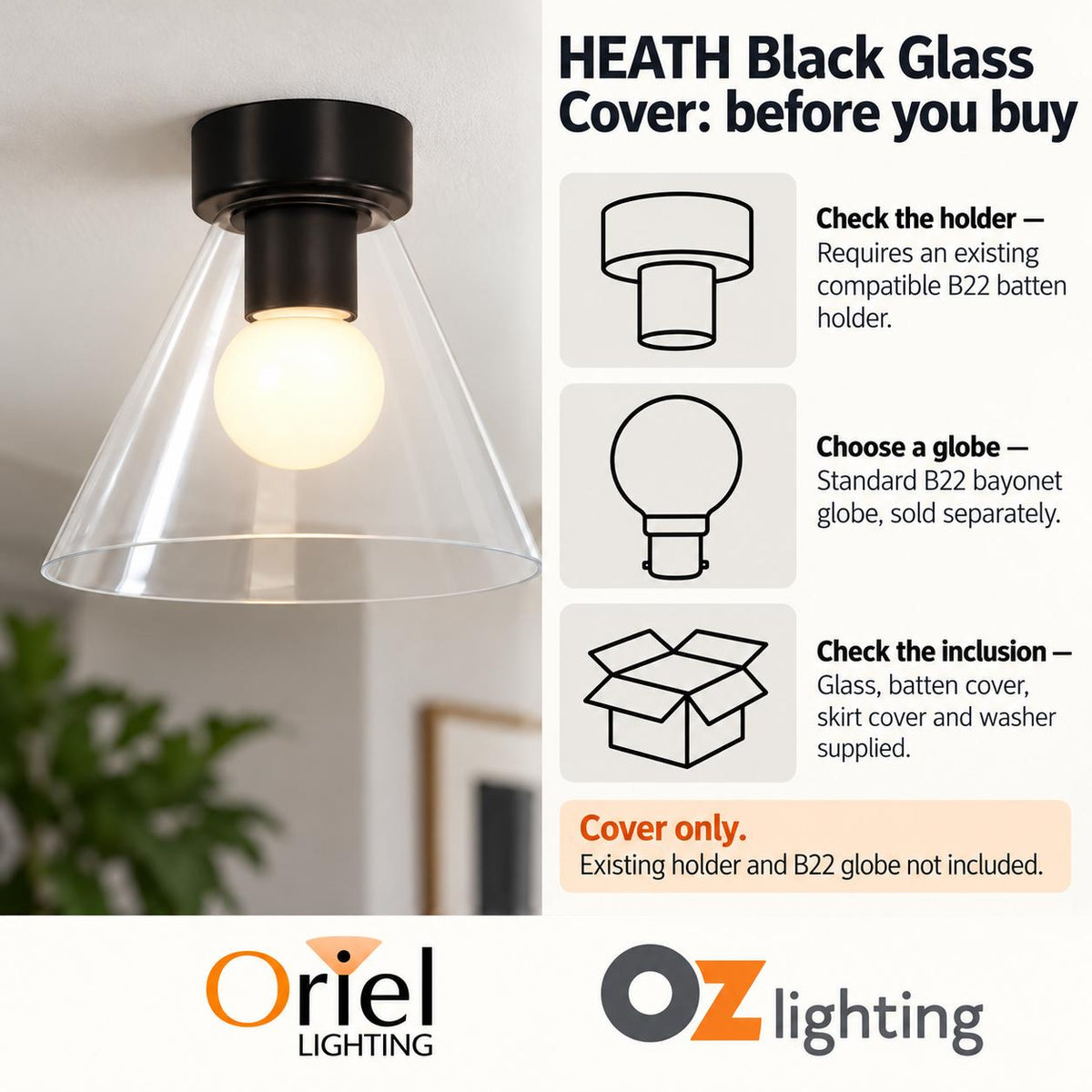 Oriel HEATH DIY Ceiling Light - Clear Glass Fit-Oriel Lighting-Ozlighting.com.au