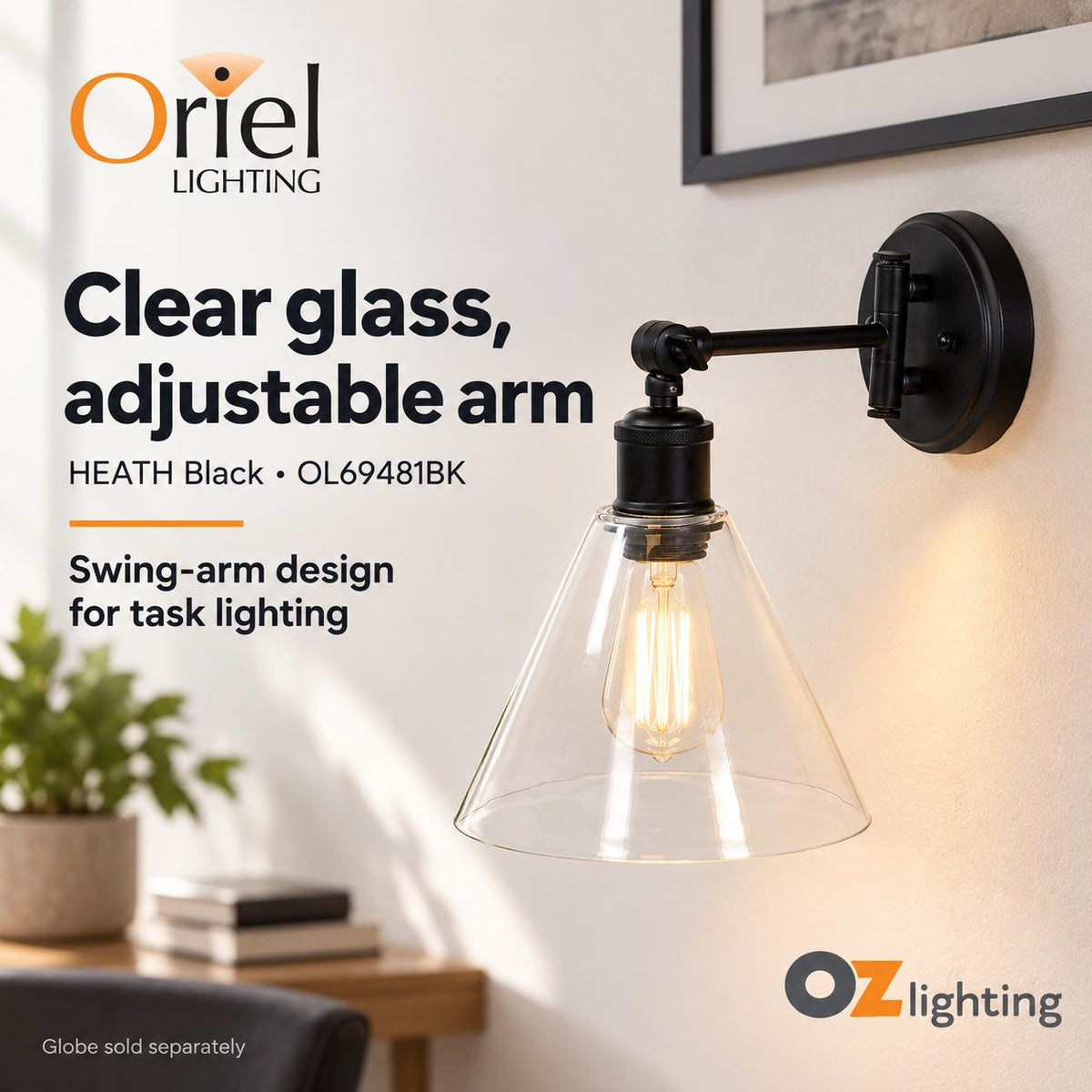 Oriel HEATH Wall Light - Swing Arm Clear Glass-Oriel Lighting-Ozlighting.com.au