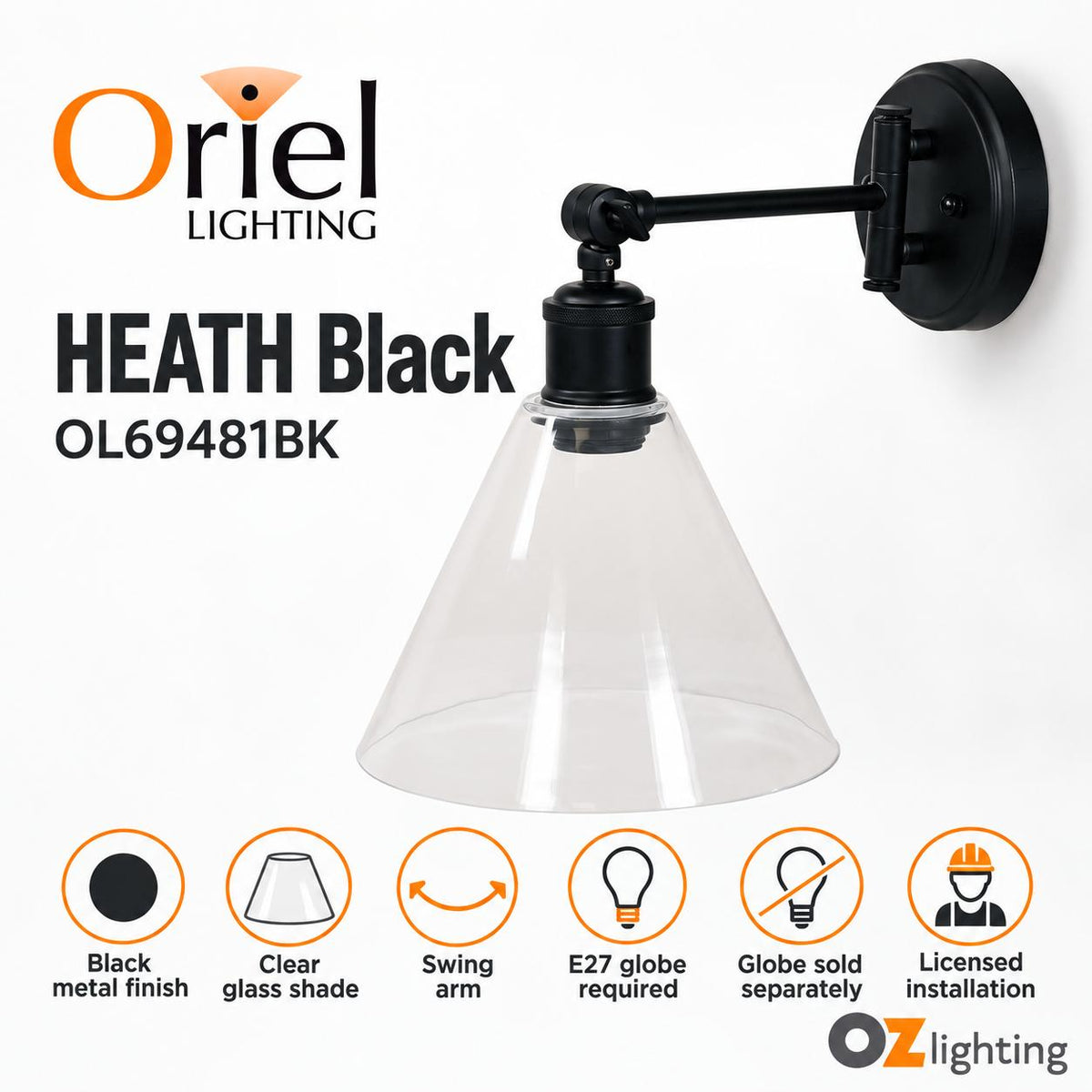Oriel HEATH Wall Light - Swing Arm Clear Glass-Oriel Lighting-Ozlighting.com.au