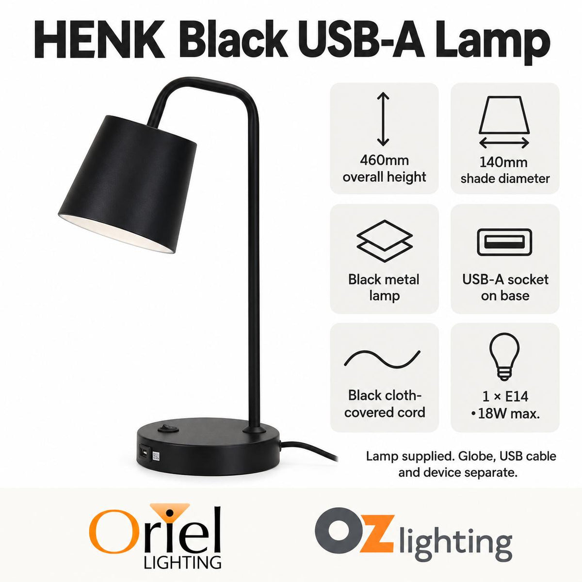 Oriel HENK Desk Lamp - with USB Socket-Oriel Lighting-Ozlighting.com.au