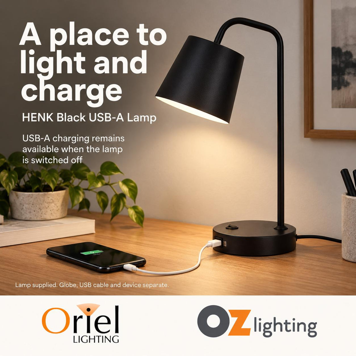 Oriel HENK Desk Lamp - with USB Socket-Oriel Lighting-Ozlighting.com.au
