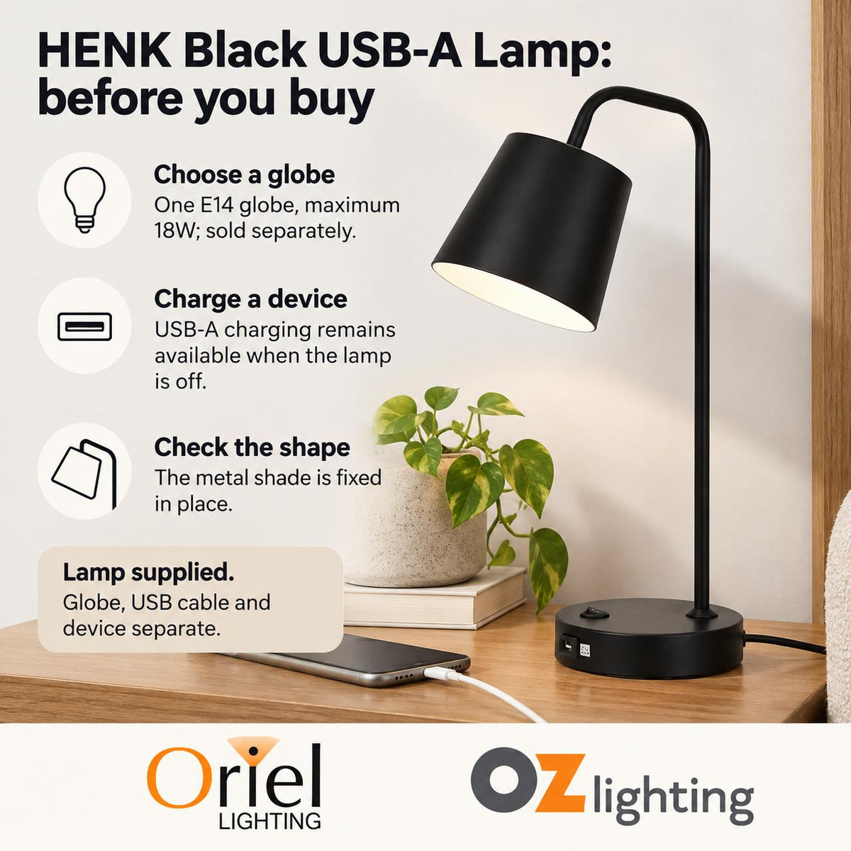 Oriel HENK Desk Lamp - with USB Socket-Oriel Lighting-Ozlighting.com.au