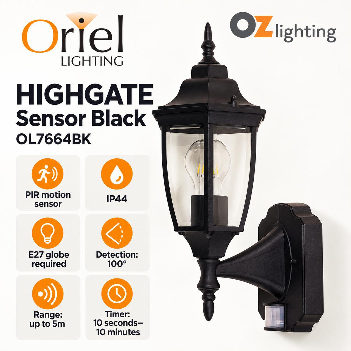 Oriel HIGHGATE Outdoor Light - Max. 42W, with Motion Sensor-Oriel Lighting-Ozlighting.com.au