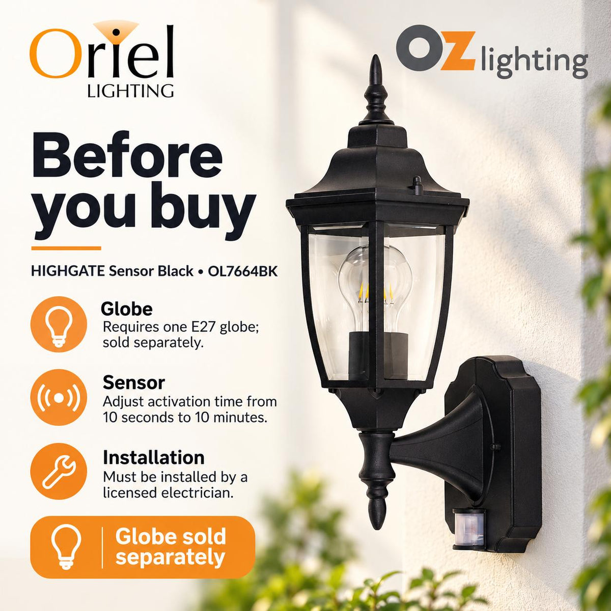 Oriel HIGHGATE Outdoor Light - Max. 42W, with Motion Sensor-Oriel Lighting-Ozlighting.com.au