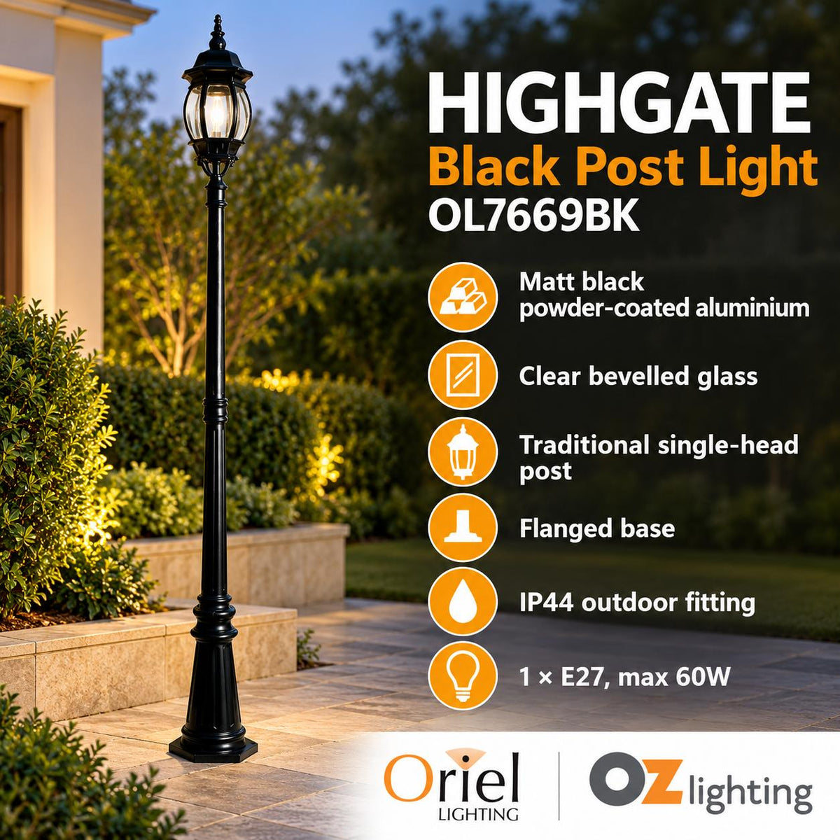 Oriel HIGHGATE Outdoor Post Light - Single Head Traditional Tall, IP44-Oriel Lighting-Ozlighting.com.au