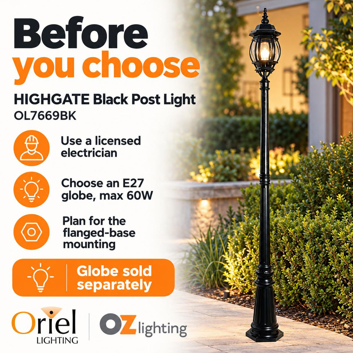 Oriel HIGHGATE Outdoor Post Light - Single Head Traditional Tall, IP44-Oriel Lighting-Ozlighting.com.au