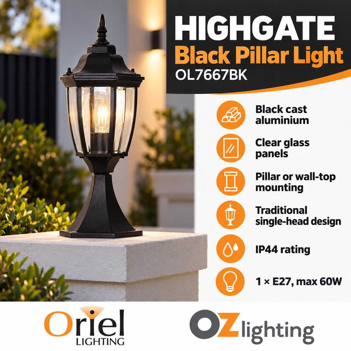 Oriel HIGHGATE Pillar Mounted Outdoor Light-Oriel Lighting-Ozlighting.com.au
