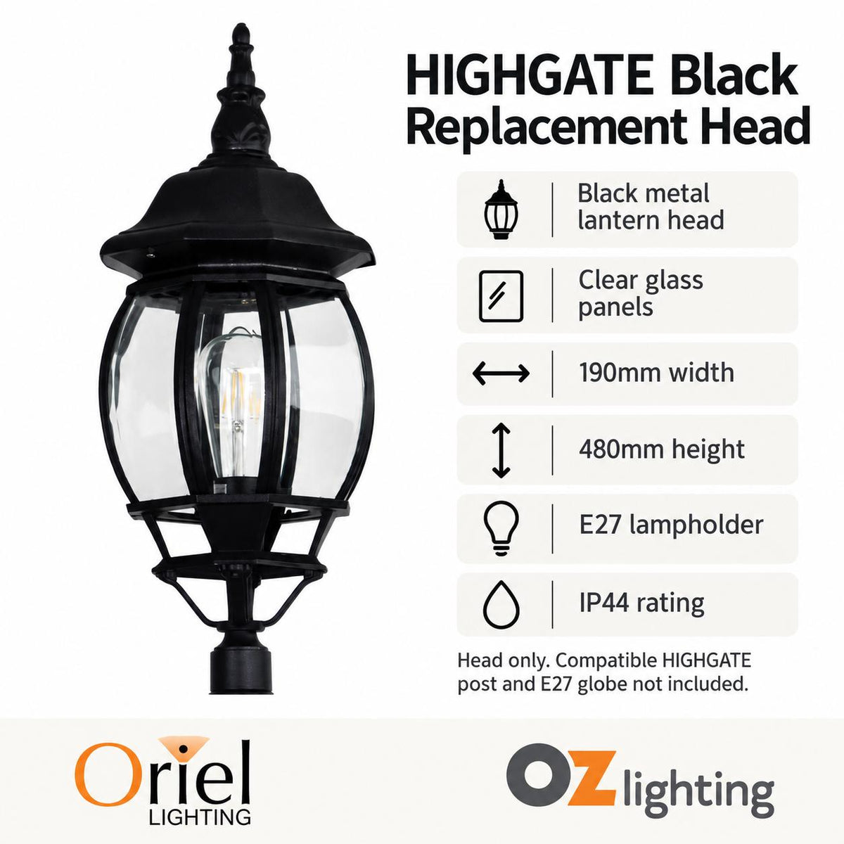 Oriel HIGHGATE Replacement Top - Max. 60W-Oriel Lighting-Ozlighting.com.au